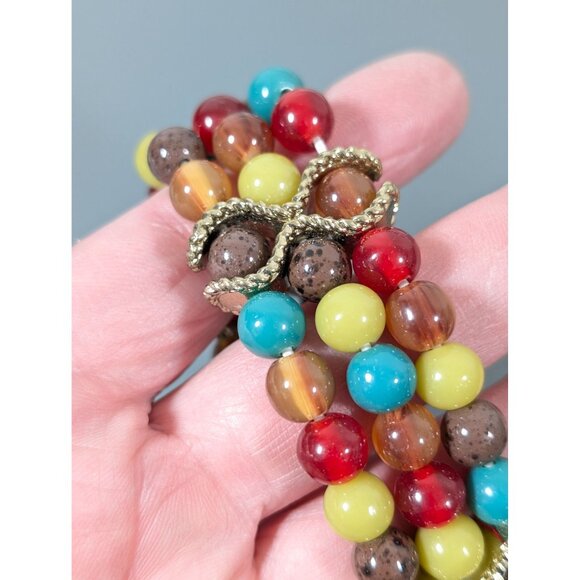 Boho Tribal Red Green Bead Three Row Stretch Bracelet 7" - Picture 4 of 8